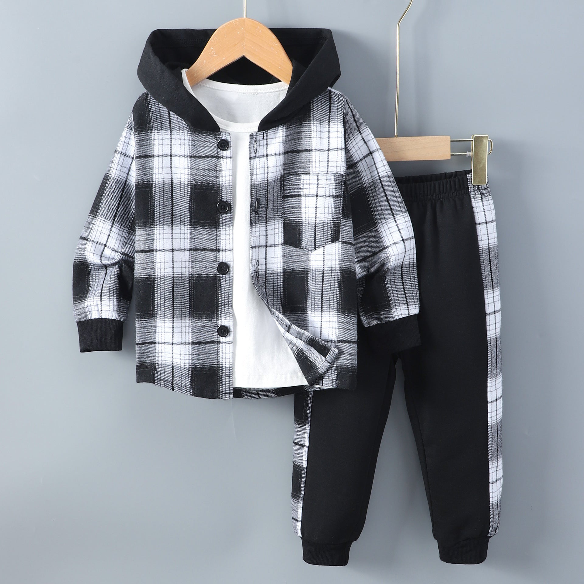 Long Sleeve Plaid Contrast Color Hoodie Two-piece Set (Available)