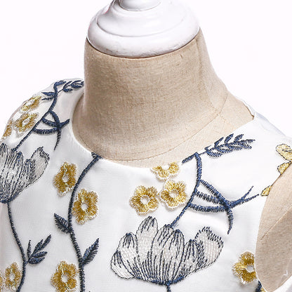 Girls' Embroidered Puff Mesh Color Matching Princess Dress