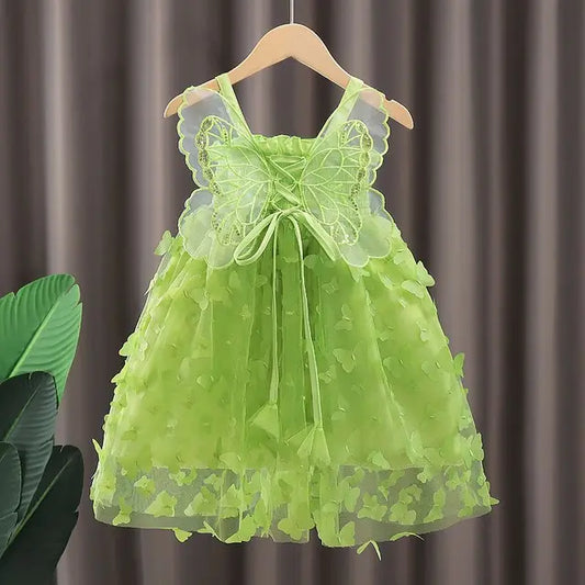 Fairy Girl Glitter Butterfly Wings Dress Summer New Kids Green Sling Princess Dresses Birthday Party Girls Costume