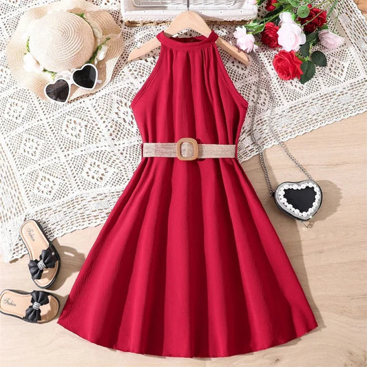 summer new girl's halter dress solid color cute long dress teenage big girls clothes with belt fashion kids clothes