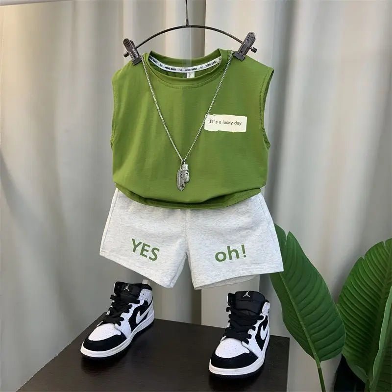 2024 Boy’s Loose Vest Sets Baby Casual Fashion Suit Summer New Children's Thin Sleeveless Round Neck Top Shorts 2Pcs 12M-6Years - Mom & Kids