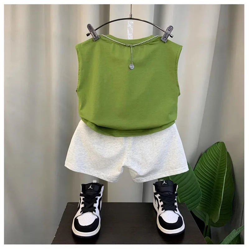 2024 Boy’s Loose Vest Sets Baby Casual Fashion Suit Summer New Children's Thin Sleeveless Round Neck Top Shorts 2Pcs 12M-6Years - Mom & Kids