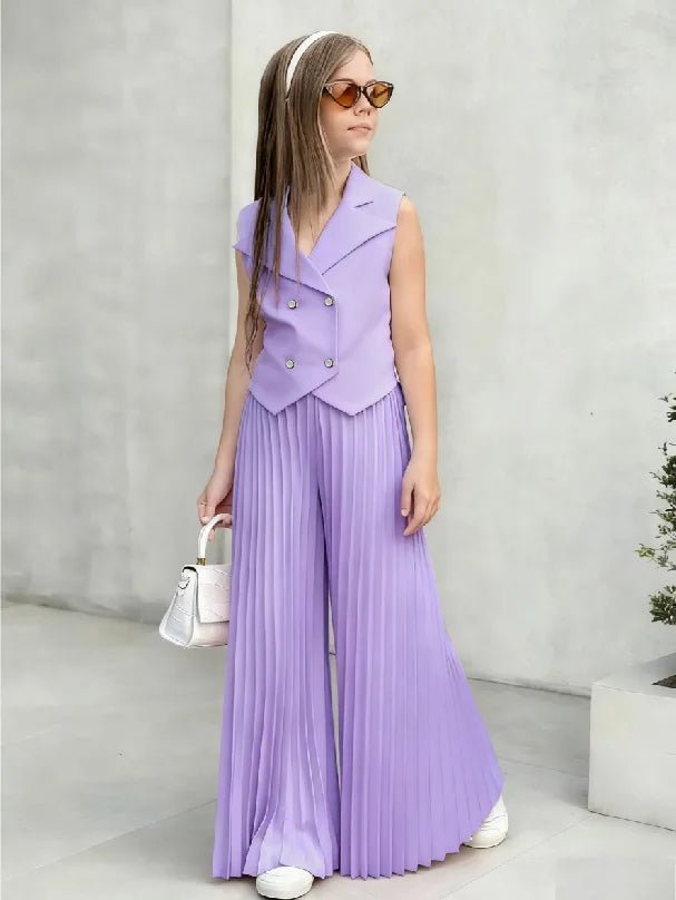 2025 Little Girls 2-Pieces Western-Style Outfit for Girls: Sleeveless Blazer Top+Wide-Leg Pleated Pants - Mom & Kids