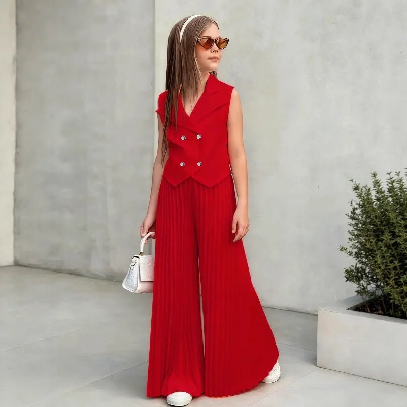 2025 Little Girls 2-Pieces Western-Style Outfit for Girls: Sleeveless Blazer Top+Wide-Leg Pleated Pants - Mom & Kids