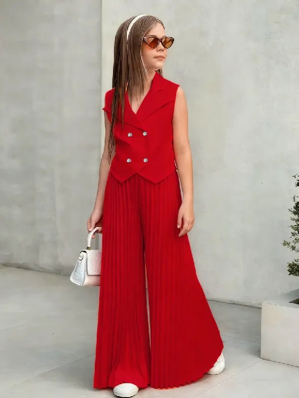 2025 Little Girls 2-Pieces Western-Style Outfit for Girls: Sleeveless Blazer Top+Wide-Leg Pleated Pants - Mom & Kids