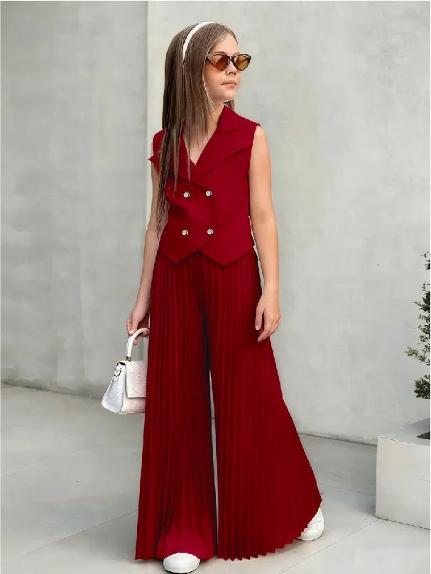 2025 Little Girls 2-Pieces Western-Style Outfit for Girls: Sleeveless Blazer Top+Wide-Leg Pleated Pants - Mom & Kids