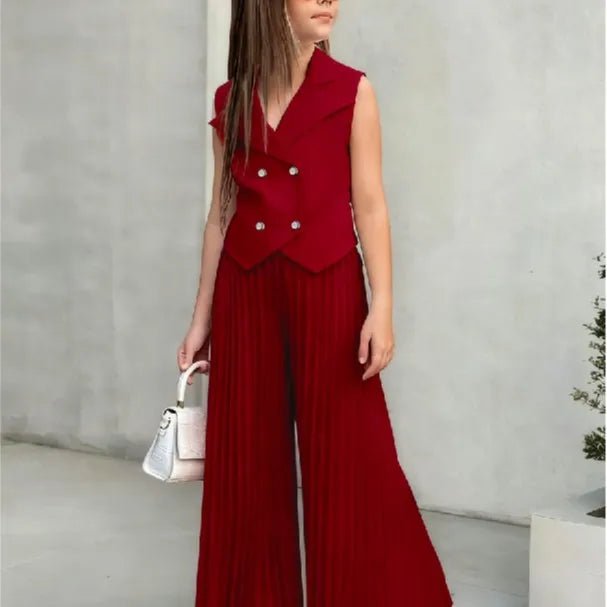 2025 Little Girls 2-Pieces Western-Style Outfit for Girls: Sleeveless Blazer Top+Wide-Leg Pleated Pants - Mom & Kids