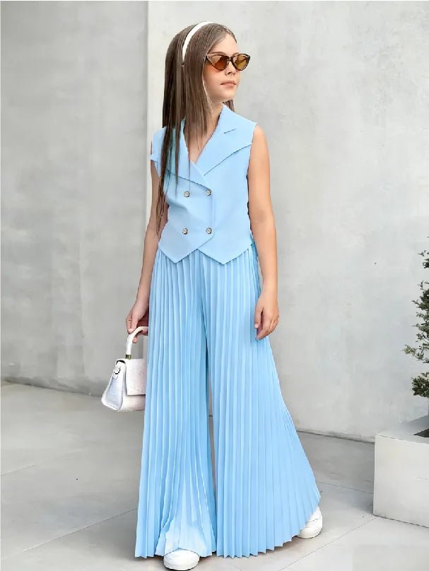 2025 Little Girls 2-Pieces Western-Style Outfit for Girls: Sleeveless Blazer Top+Wide-Leg Pleated Pants - Mom & Kids