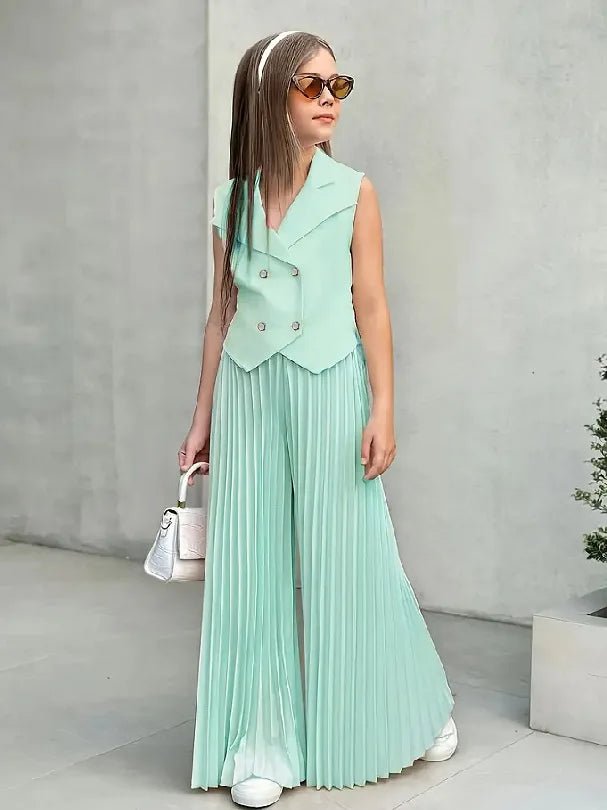 2025 Little Girls 2-Pieces Western-Style Outfit for Girls: Sleeveless Blazer Top+Wide-Leg Pleated Pants - Mom & Kids