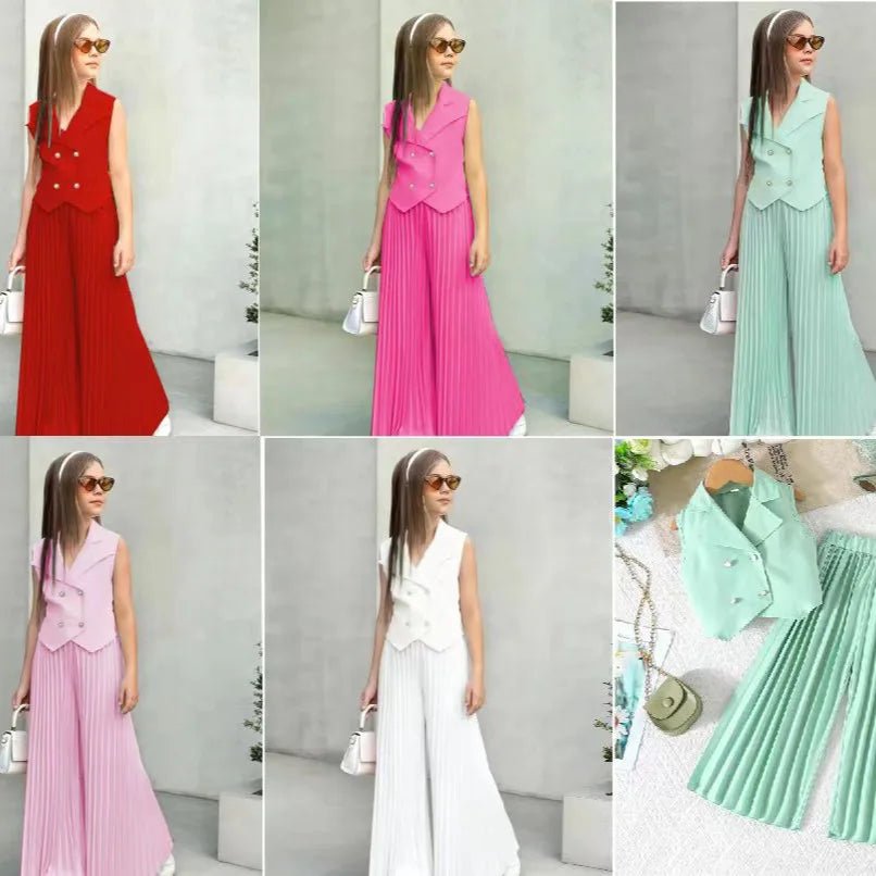 2025 Little Girls 2-Pieces Western-Style Outfit for Girls: Sleeveless Blazer Top+Wide-Leg Pleated Pants - Mom & Kids