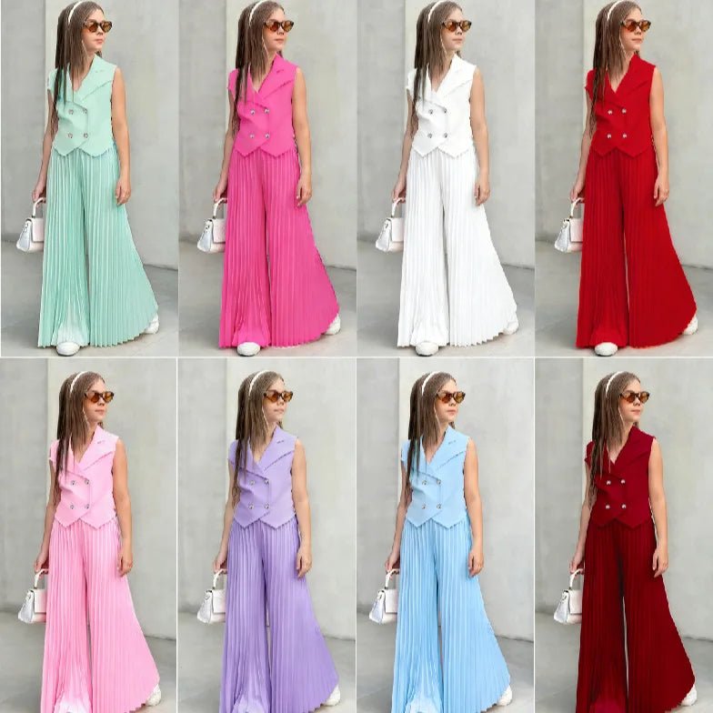 2025 Little Girls 2-Pieces Western-Style Outfit for Girls: Sleeveless Blazer Top+Wide-Leg Pleated Pants - Mom & Kids