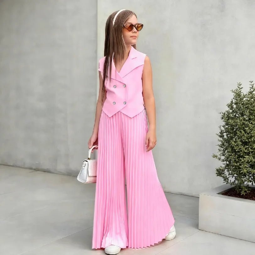 2025 Little Girls 2-Pieces Western-Style Outfit for Girls: Sleeveless Blazer Top+Wide-Leg Pleated Pants - Mom & Kids