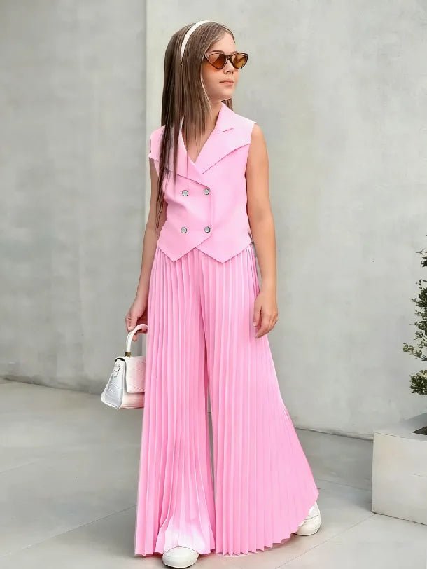 2025 Little Girls 2-Pieces Western-Style Outfit for Girls: Sleeveless Blazer Top+Wide-Leg Pleated Pants - Mom & Kids