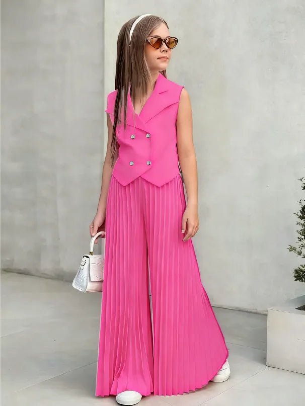 2025 Little Girls 2-Pieces Western-Style Outfit for Girls: Sleeveless Blazer Top+Wide-Leg Pleated Pants - Mom & Kids