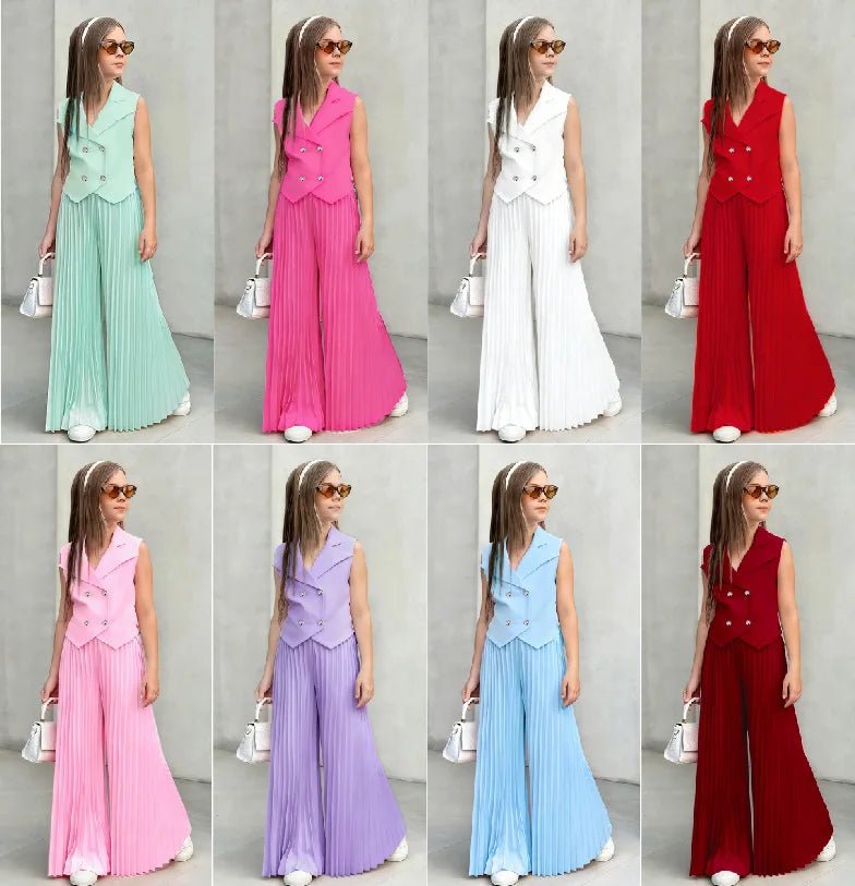 2025 Little Girls 2-Pieces Western-Style Outfit for Girls: Sleeveless Blazer Top+Wide-Leg Pleated Pants - Mom & Kids