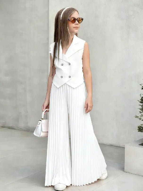 2025 Little Girls 2-Pieces Western-Style Outfit for Girls: Sleeveless Blazer Top+Wide-Leg Pleated Pants - Mom & Kids