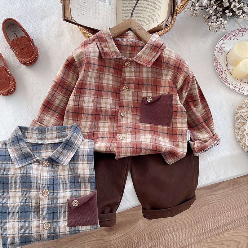 2025 New Boys Contrast Color Pocket Shirt Autumn Suit Children's Korean Style Western Style Baby Autumn Two-Piece Set - Mom & Kids