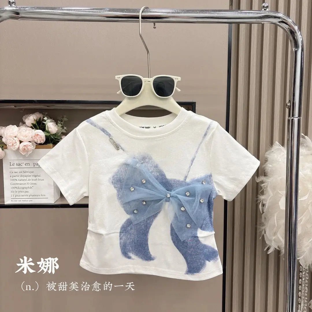 2025 Summer Girls Three-dimensional Bow Round Neck Solid Color Short Sleeve Fashionable Versatile Bow Culottes Two-piece Set - Mom & Kids