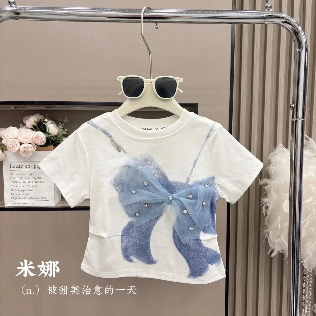 2025 Summer Girls Three-dimensional Bow Round Neck Solid Color Short Sleeve Fashionable Versatile Bow Culottes Two-piece Set - Mom & Kids