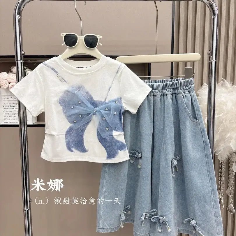 2025 Summer Girls Three-dimensional Bow Round Neck Solid Color Short Sleeve Fashionable Versatile Bow Culottes Two-piece Set - Mom & Kids