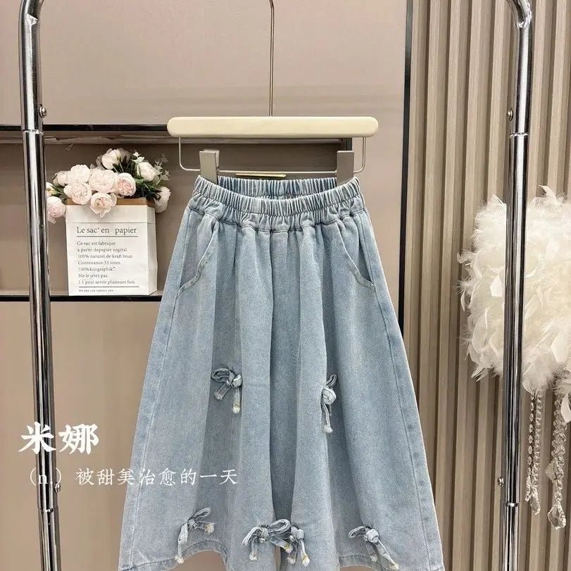 2025 Summer Girls Three-dimensional Bow Round Neck Solid Color Short Sleeve Fashionable Versatile Bow Culottes Two-piece Set - Mom & Kids
