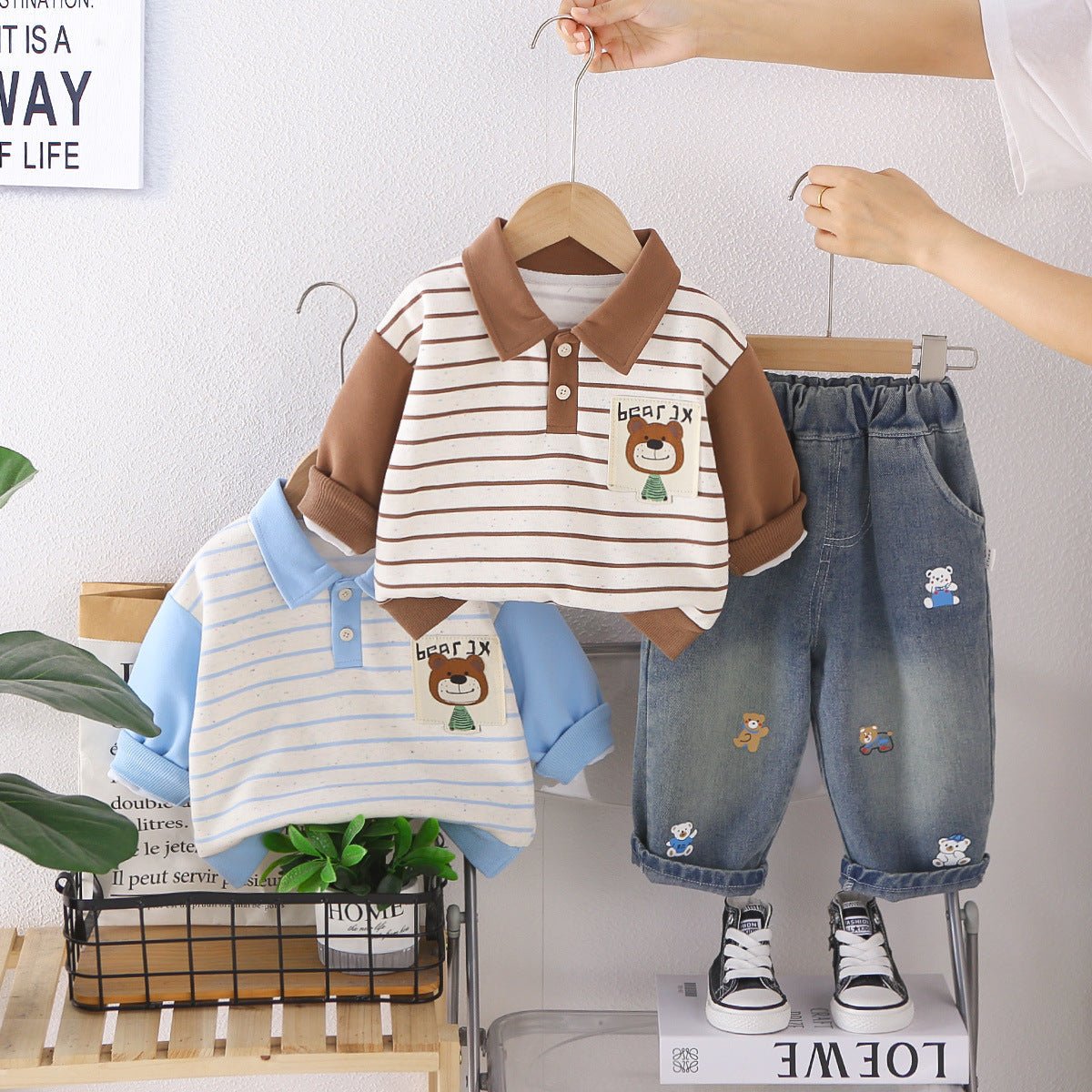 2026 New Boys' Autumn Outfit: Bear Collar Two-Piece Set for Babies and Children, Trendy Fall Clothing - Mom & Kids