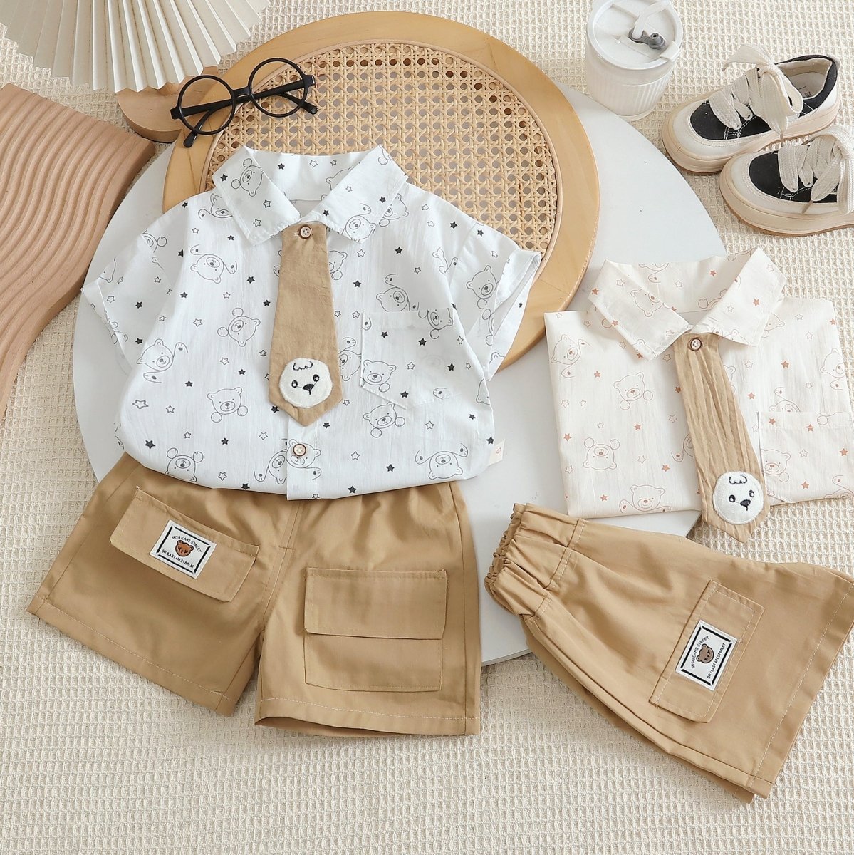 2026 New Boys' Summer Outfit: Bear Tie, Thin Short-Sleeve Shirt for Boys and Girls, Two-Piece Trendy Set - Mom & Kids