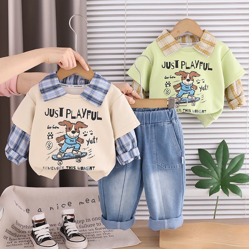 2026 New Children's Clothing Boys' Outfit Spring Fashion Stylish Skateboard Dog Plaid Two-Piece Set for Toddlers and Kids - Mom & Kids