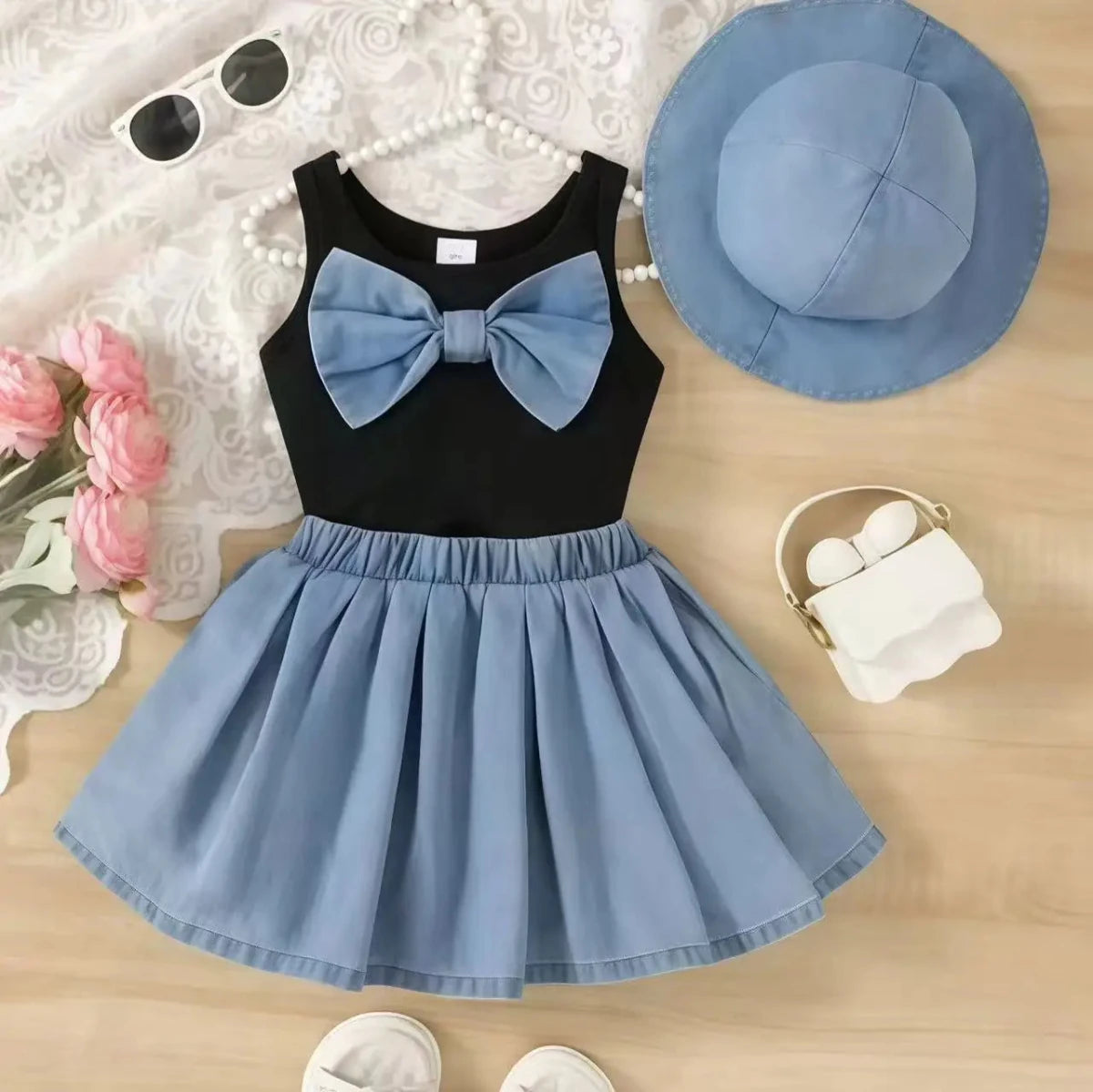 2026 New Summer Girls Elegant Sleeveless Bow Vest & Vintage Denim Princess Dress 9M-4Y - Mom & Kids