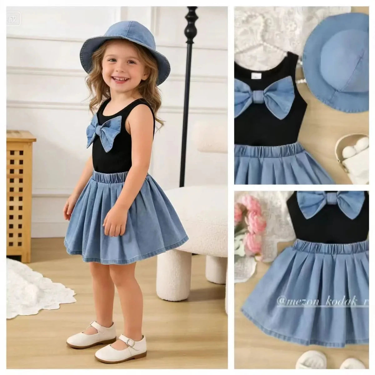 2026 New Summer Girls Elegant Sleeveless Bow Vest & Vintage Denim Princess Dress 9M-4Y - Mom & Kids