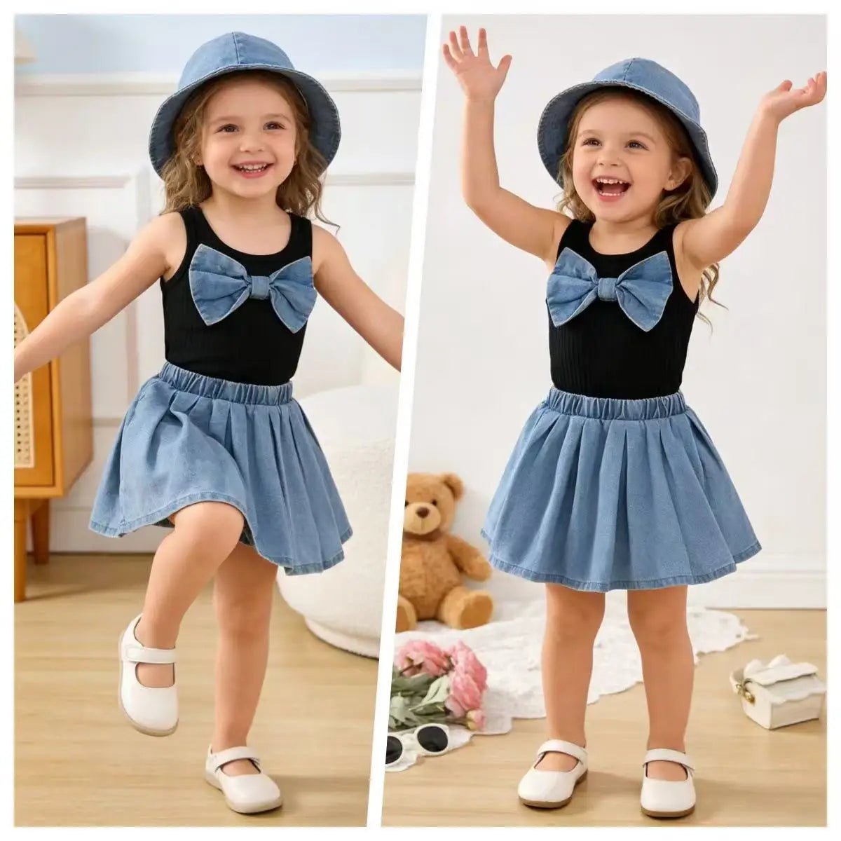 2026 New Summer Girls Elegant Sleeveless Bow Vest & Vintage Denim Princess Dress 9M-4Y - Mom & Kids