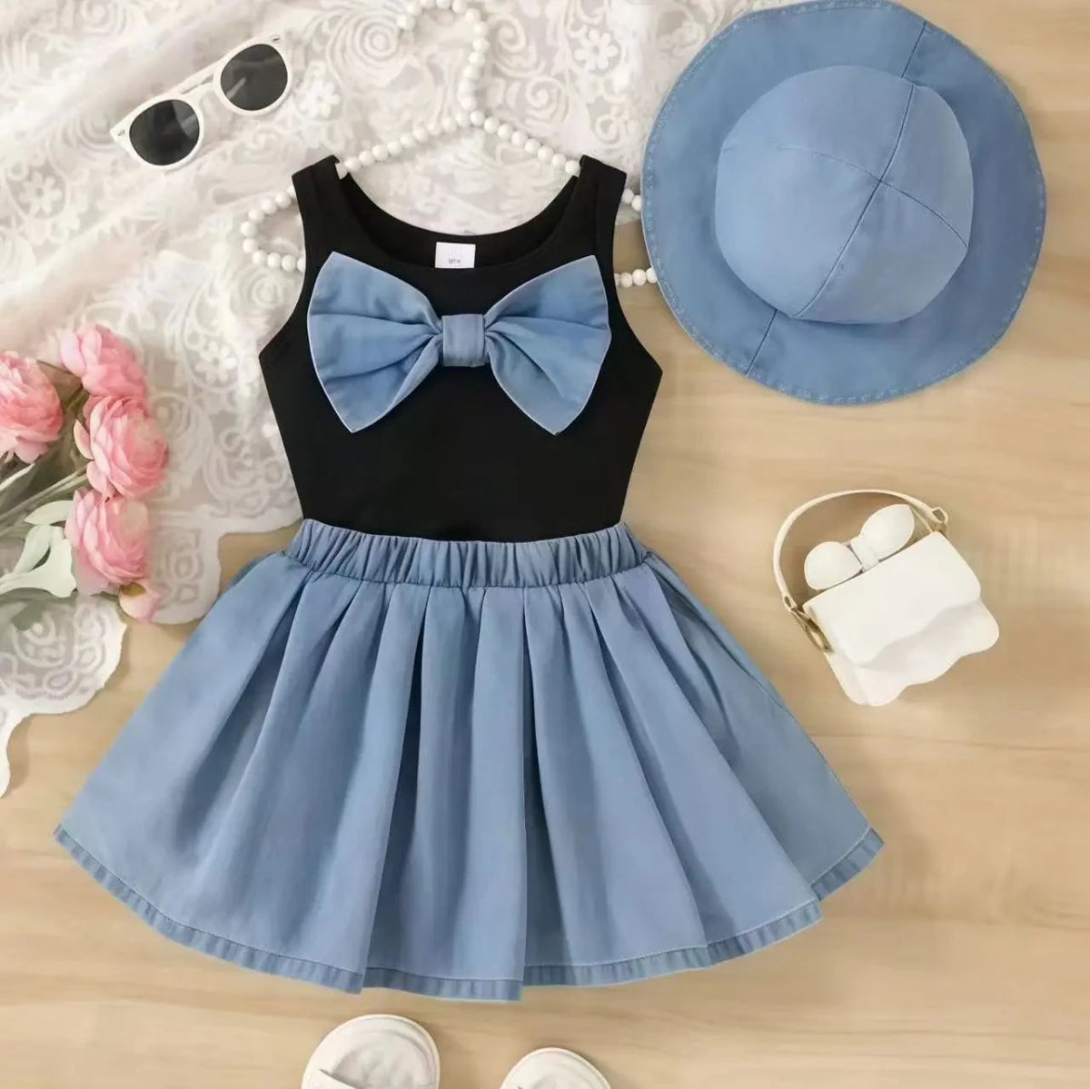 2026 New Summer Girls Elegant Sleeveless Bow Vest & Vintage Denim Princess Dress 9M-4Y - Mom & Kids