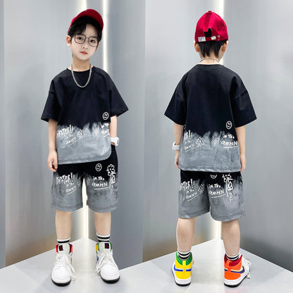 Boys' Suit New Summer Medium And Large Children Boys' Short Sleeve Sports Trendy Internet Celebrity Fashion Brand