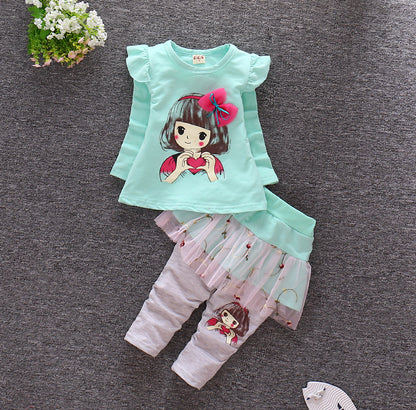 Autumn Round Neck Infant Lotus Leaf Shoulder Long Sleeve Toddler Stitching Skirt Pants Set