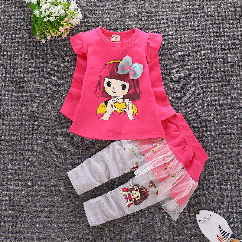 Autumn Round Neck Infant Lotus Leaf Shoulder Long Sleeve Toddler Stitching Skirt Pants Set (Available)