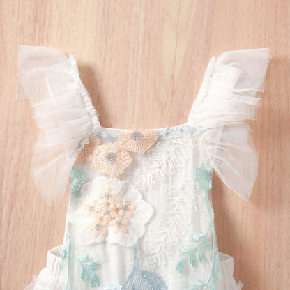 Baby Girl Romper Lace Sleeve Embroidered  Back Tulle Jumpsuit