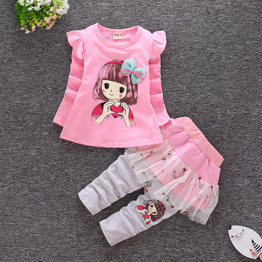 Autumn Round Neck Infant Lotus Leaf Shoulder Long Sleeve Toddler Stitching Skirt Pants Set