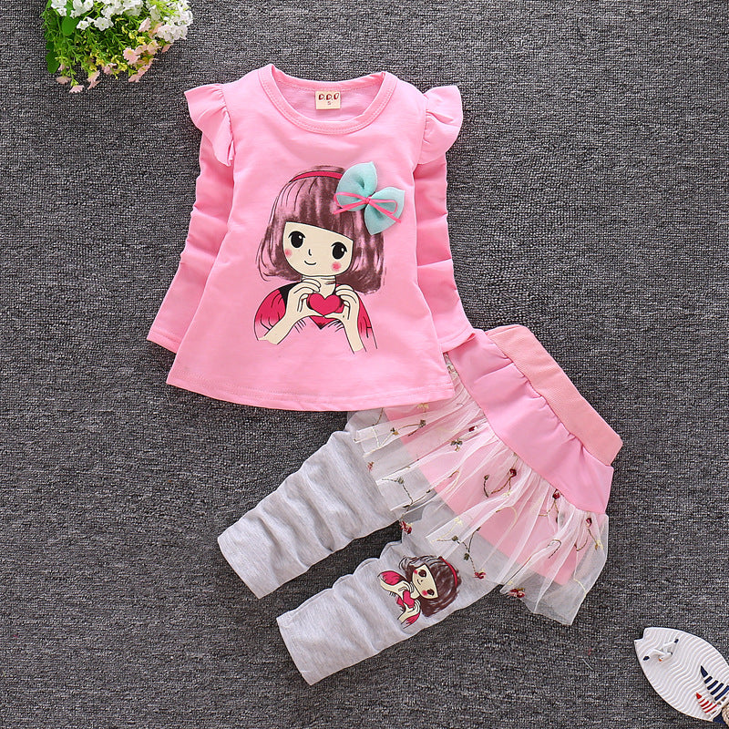 Autumn Round Neck Infant Lotus Leaf Shoulder Long Sleeve Toddler Stitching Skirt Pants Set (Available)