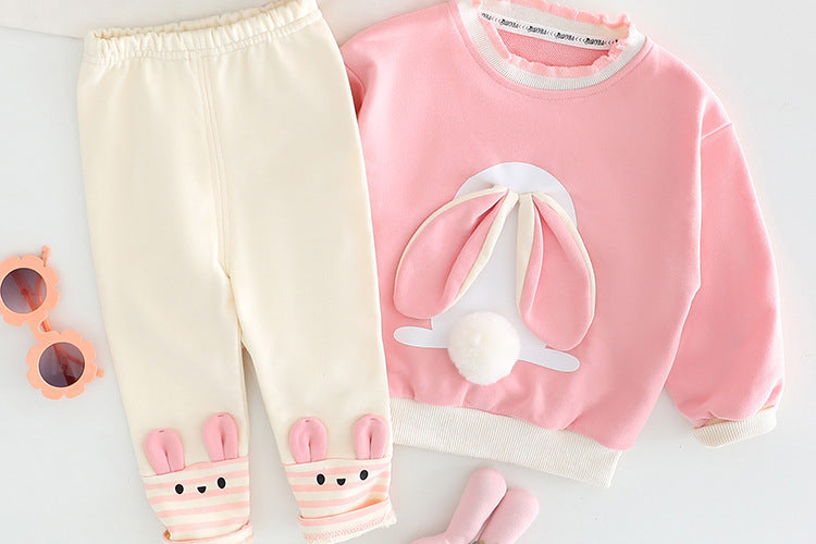 Baby Girl Cute Ears Sweater Cartoon Long Sleeve Leggings Suit (Available)