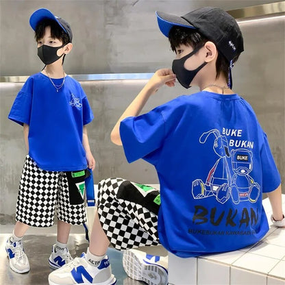 Boys' Fashionable Cartoon Letter Jacket Shorts Two-piece Set