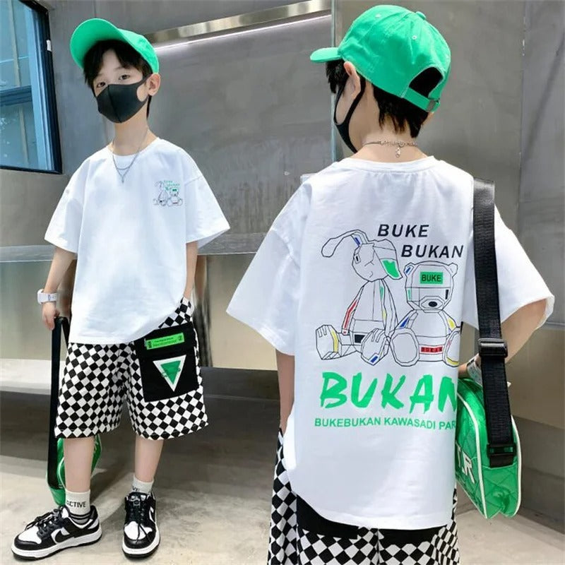 Boys' Fashionable Cartoon Letter Jacket Shorts Two-piece Set
