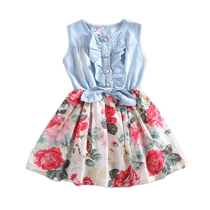 Summer Children Sleeveless Girl Denim Floral Dresses  (Available)