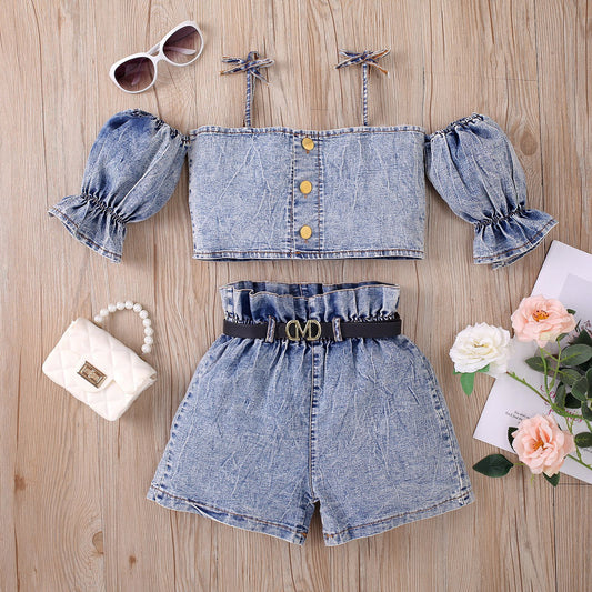 Girls' Suspender Constricted Lantern Sleeves Denim Open Top
