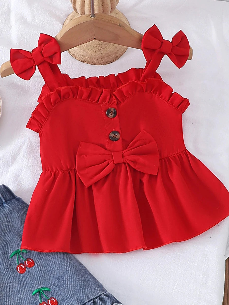 2PCS Summer New Style Girls 1-3 Years Old Sweet And Cute Red Suspender Top + Denim Shorts - Mom & Kids