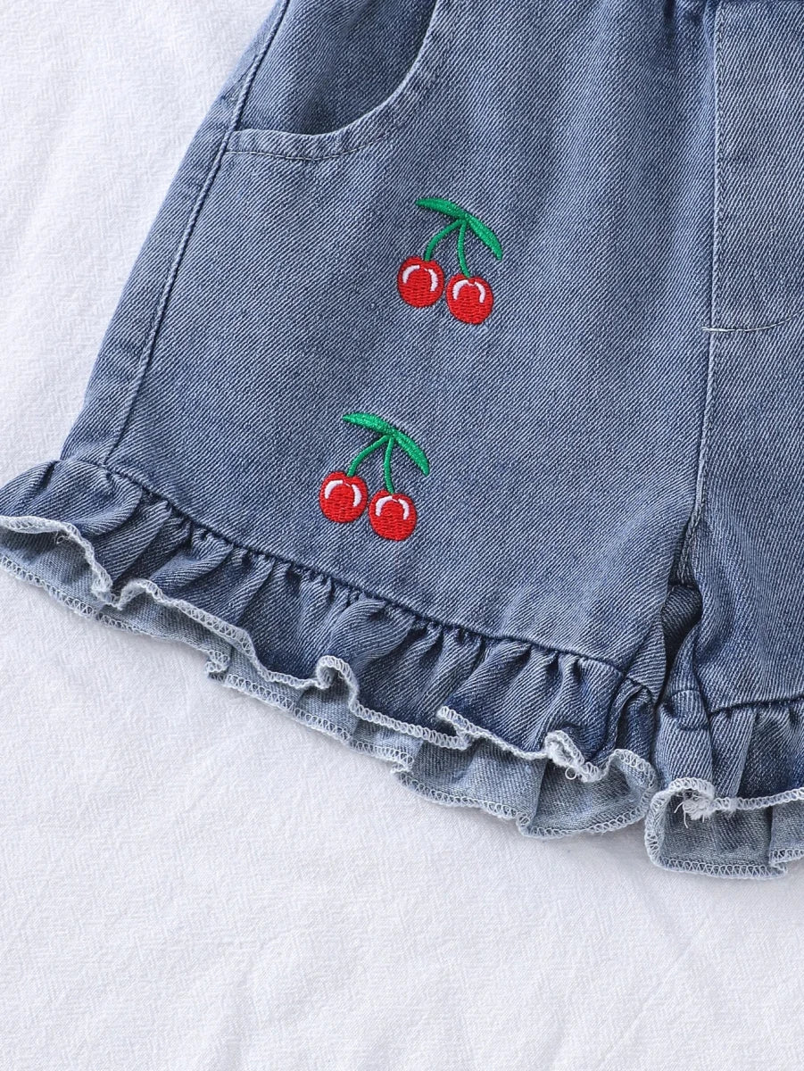 2PCS Summer New Style Girls 1-3 Years Old Sweet And Cute Red Suspender Top + Denim Shorts - Mom & Kids