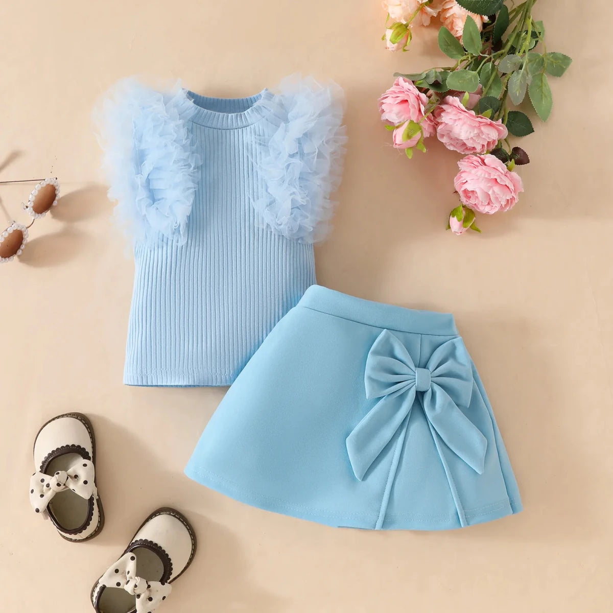 2Pcs Toddler Baby Girl Clothes Outfit Bubble Sleeve Patchwork Ruffle Top+Solid Color Flared Pants Fashion Set Fit 0-3 Years Set - Mom & Kids