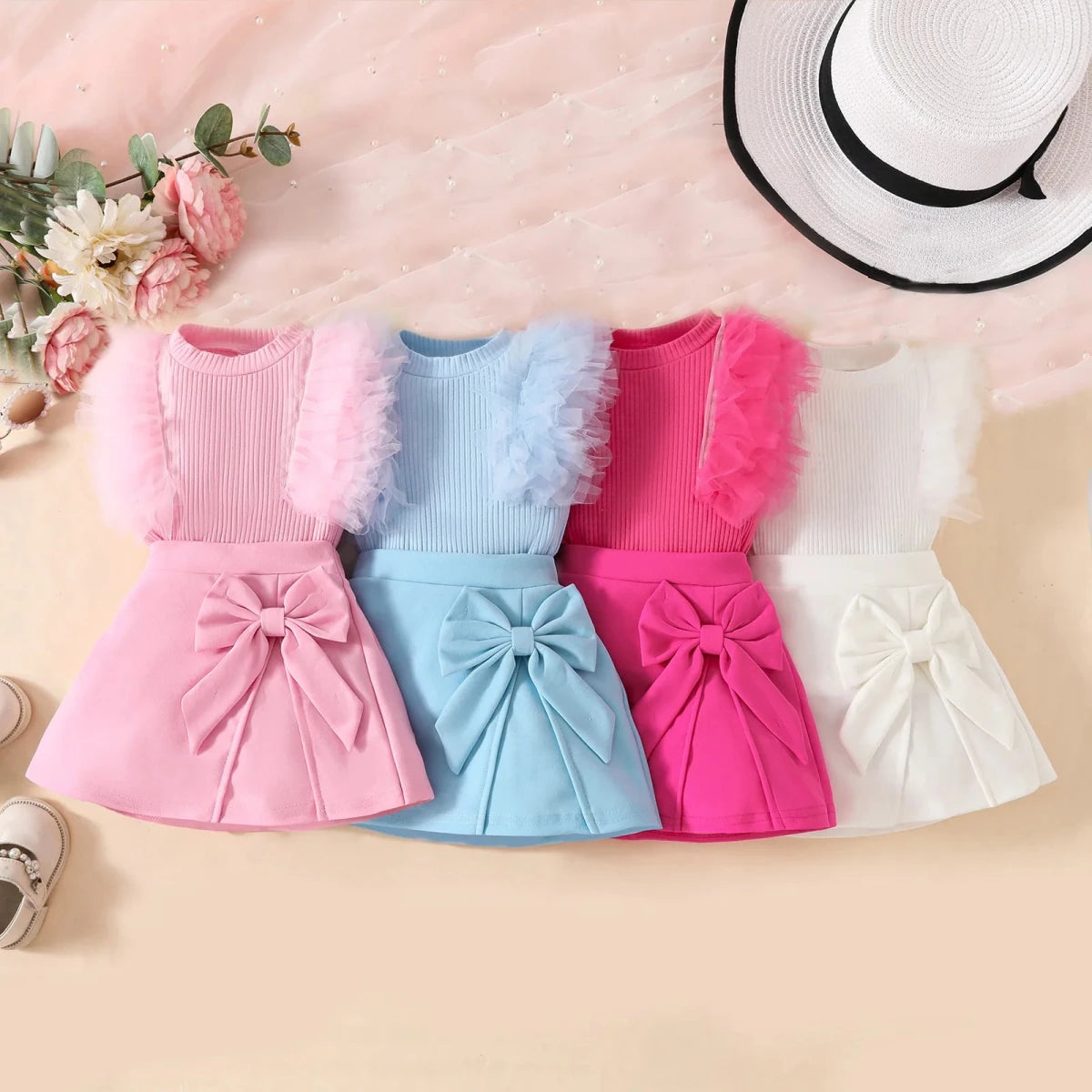 2Pcs Toddler Baby Girl Clothes Outfit Bubble Sleeve Patchwork Ruffle Top+Solid Color Flared Pants Fashion Set Fit 0-3 Years Set - Mom & Kids