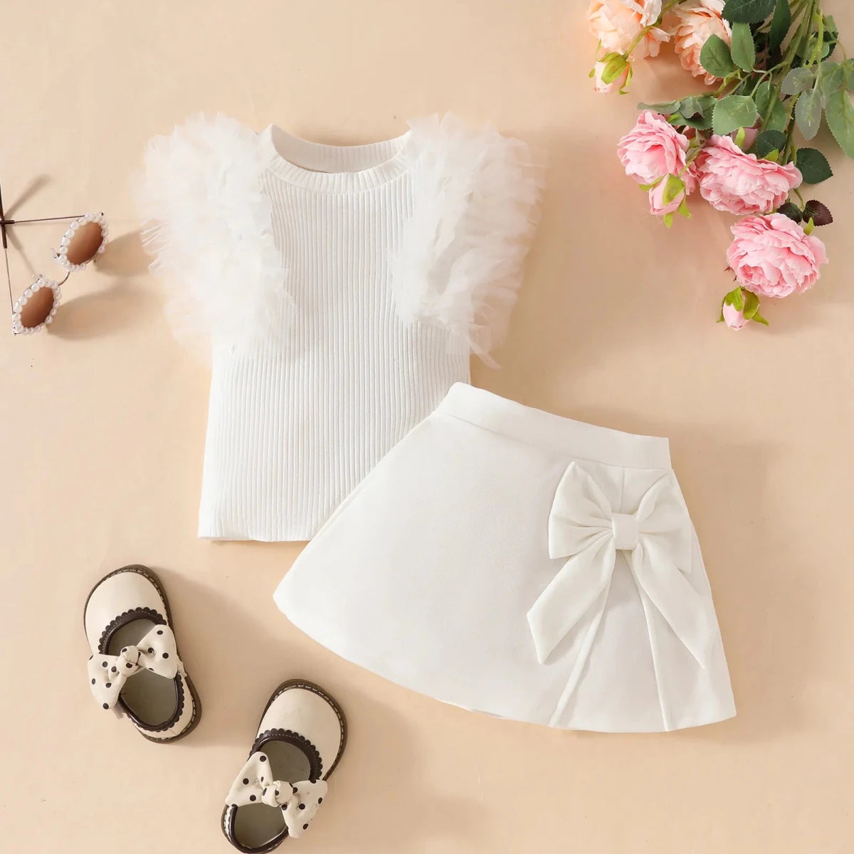 2Pcs Toddler Baby Girl Clothes Outfit Bubble Sleeve Patchwork Ruffle Top+Solid Color Flared Pants Fashion Set Fit 0-3 Years Set - Mom & Kids