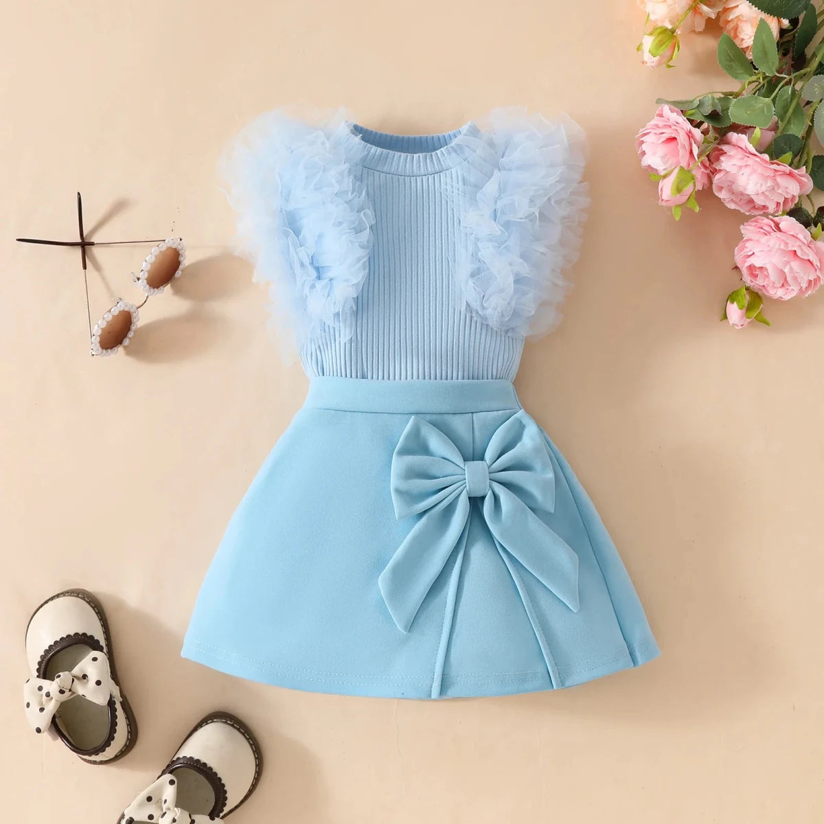 2Pcs Toddler Baby Girl Clothes Outfit Bubble Sleeve Patchwork Ruffle Top+Solid Color Flared Pants Fashion Set Fit 0-3 Years Set - Mom & Kids