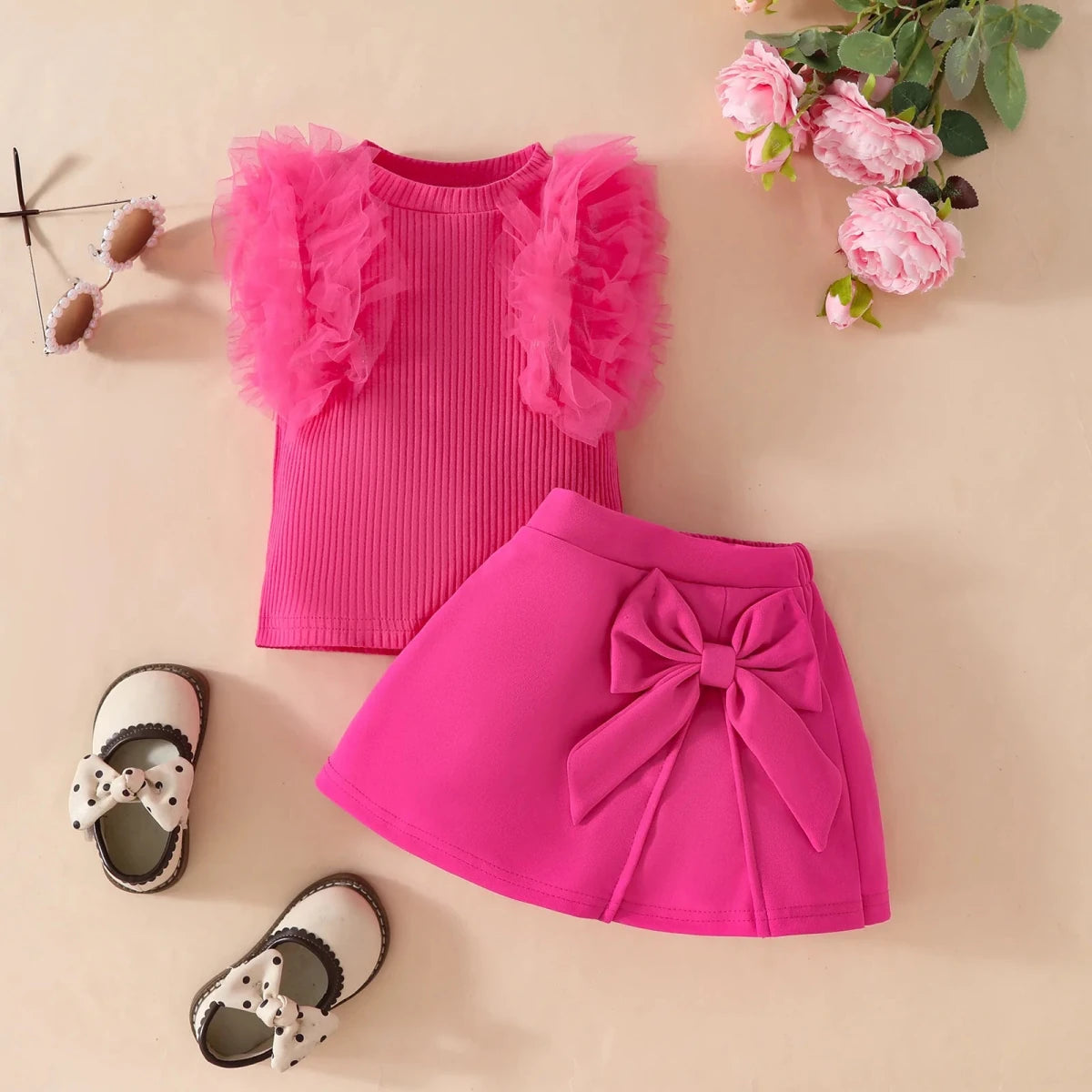 2Pcs Toddler Baby Girl Clothes Outfit Bubble Sleeve Patchwork Ruffle Top+Solid Color Flared Pants Fashion Set Fit 0-3 Years Set - Mom & Kids